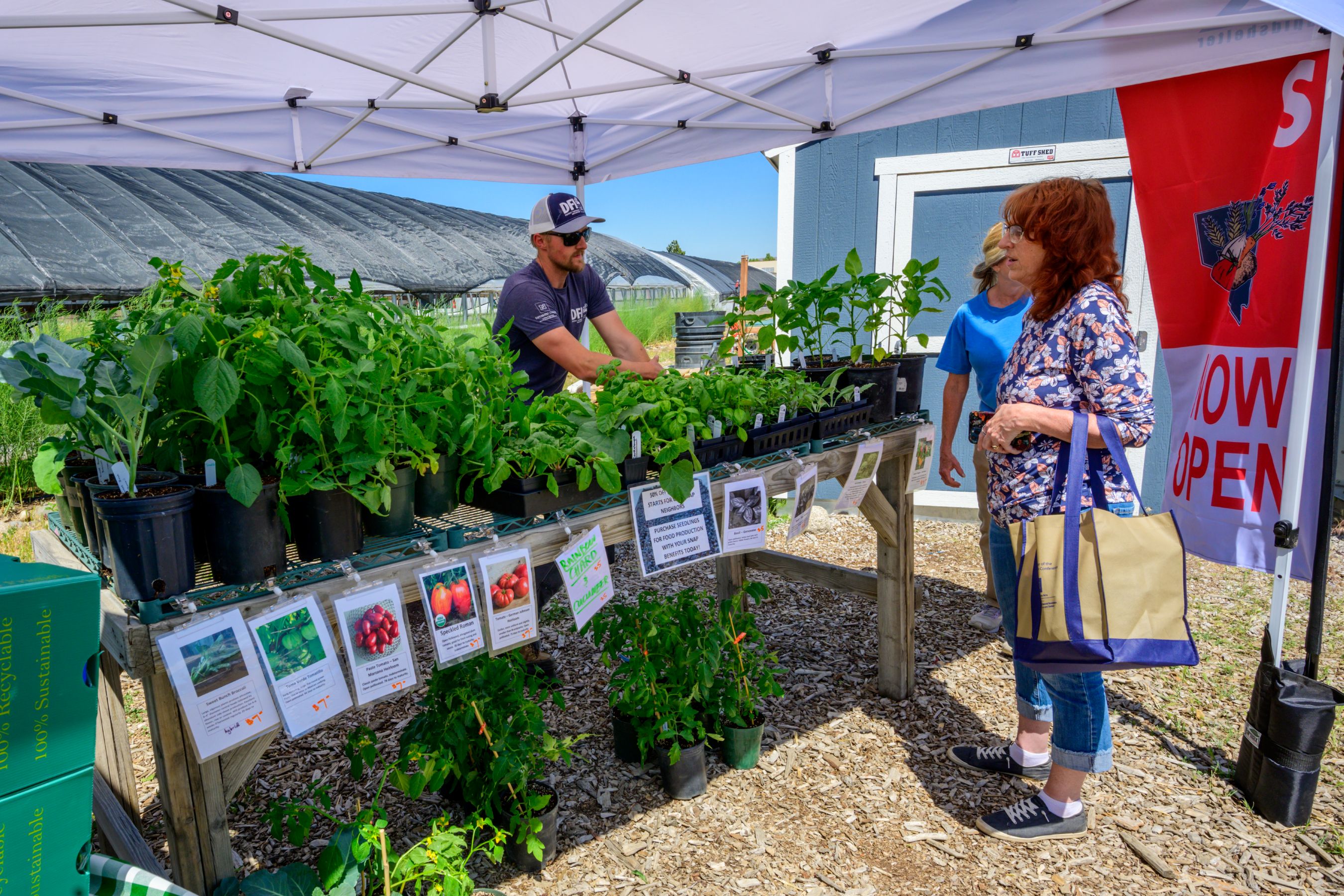 A man in dark glasses and a cap touching potted green plants as two women look on.