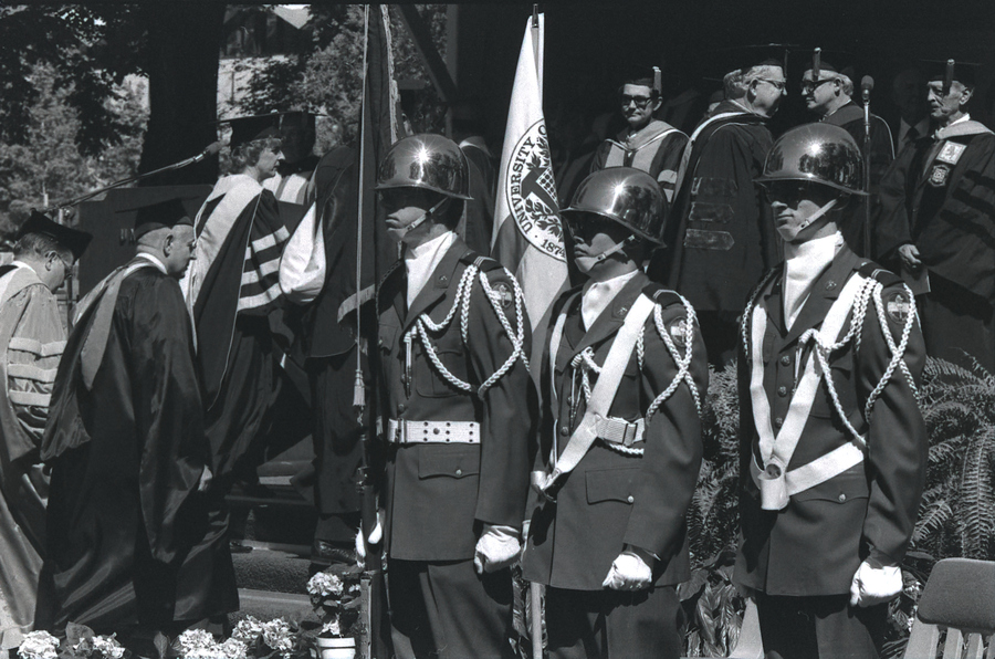 The color guard stands at attention at the commencement ceremony.