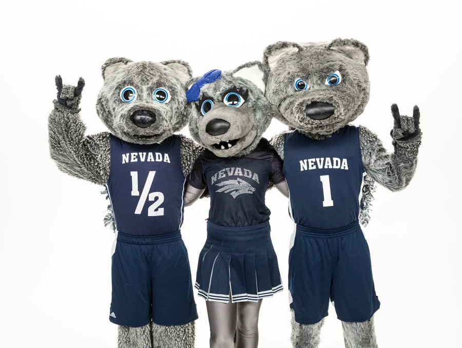 The school mascots, Wolfie Jr., Luna, and Alphie, posing together, holding up the Wolf Pack hand sign.