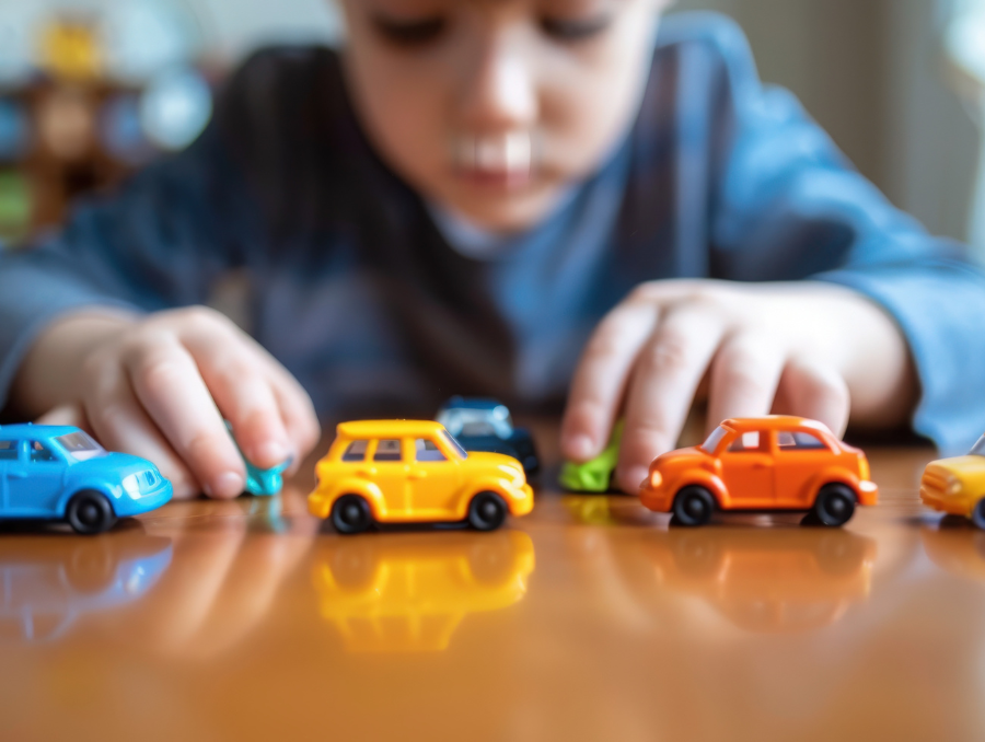 Child lining up toy cars.