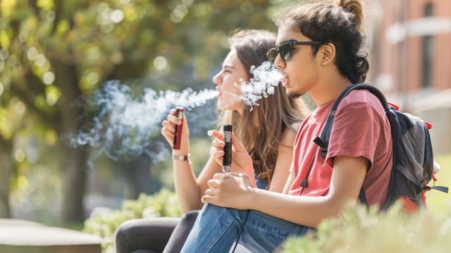 A seated man and woman exhale smoke while holding small, colorful tubes.