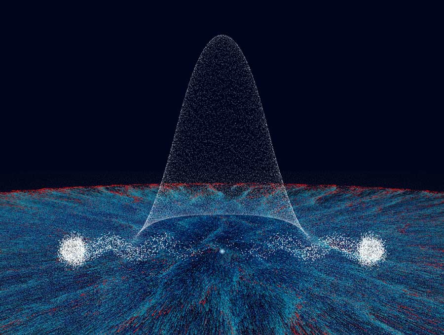 An illustration of interwoven blue and red particles expanding outwards in a disk, with white particles curving upward in a bell curve shape and moving toward the center in a squiggly pattern.