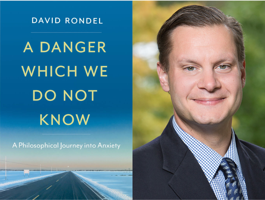 On the left, Rondel's book cover which reads "A danger which we do not know. A philosophical journey into anxiety" and on the right, David Rondel. 