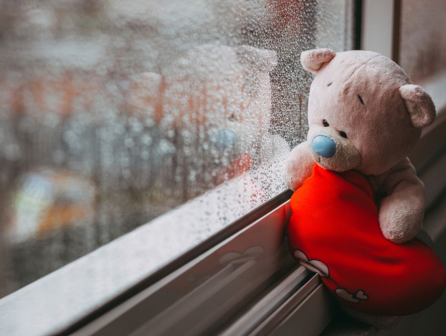 A teddy bear looking out a window on a rainy day.