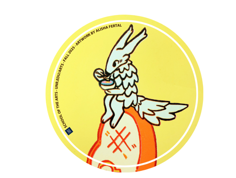 A drawing of dog sitting on a rock. 