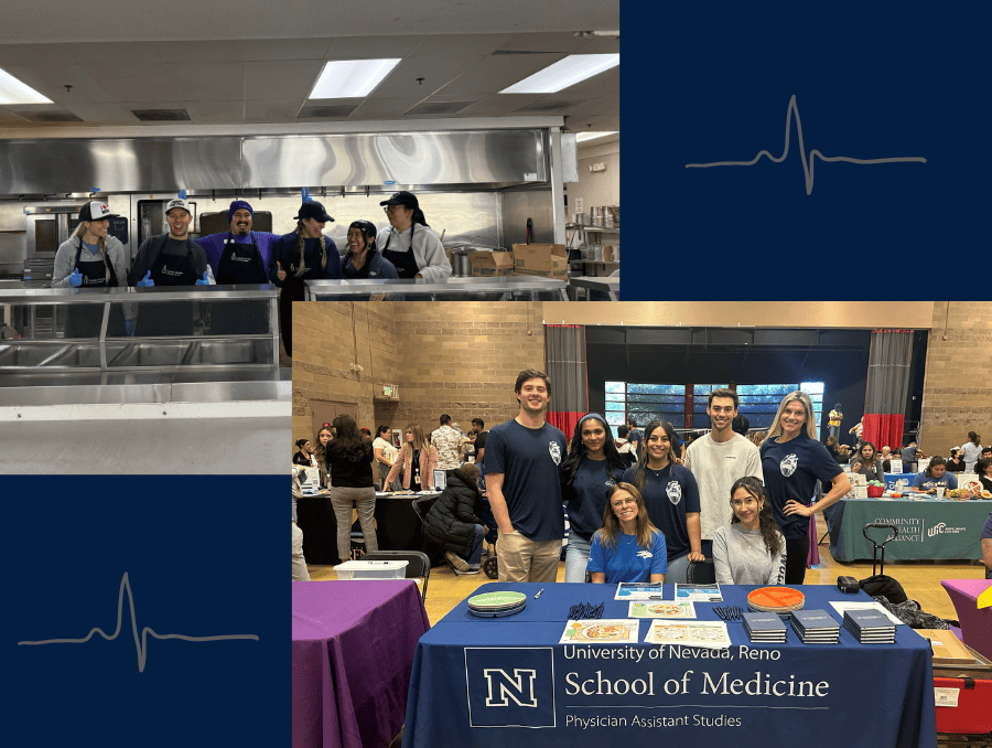 Two images side by side: Students in a volunteer kitchen and students standing at a table at a fair.