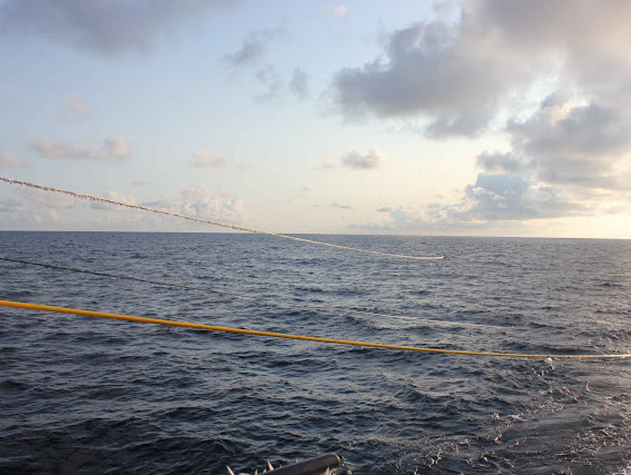 Long yellow cables reach from above to the left into the ocean, which is calm.