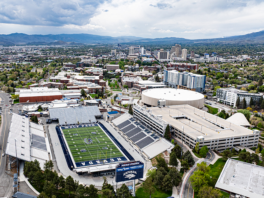 Aerial drone shot of the University of Nevada, Reno Mackay Stadium.