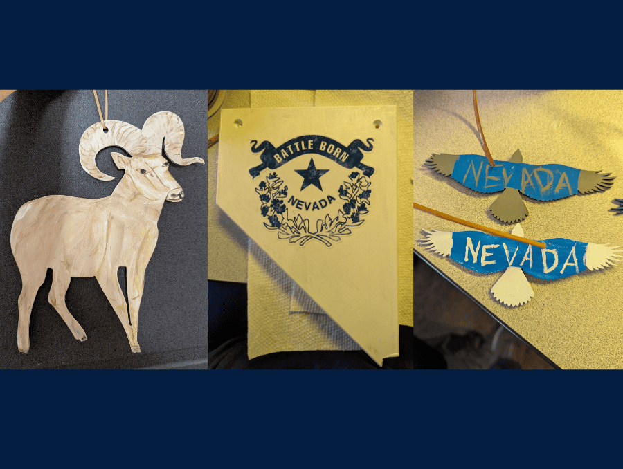 A collage of three handmade ornaments depicting a bighorn sheep, the State of Nevada with the Battle Born state logo, and two birds with wings spread and the word "Nevada" etched on them.