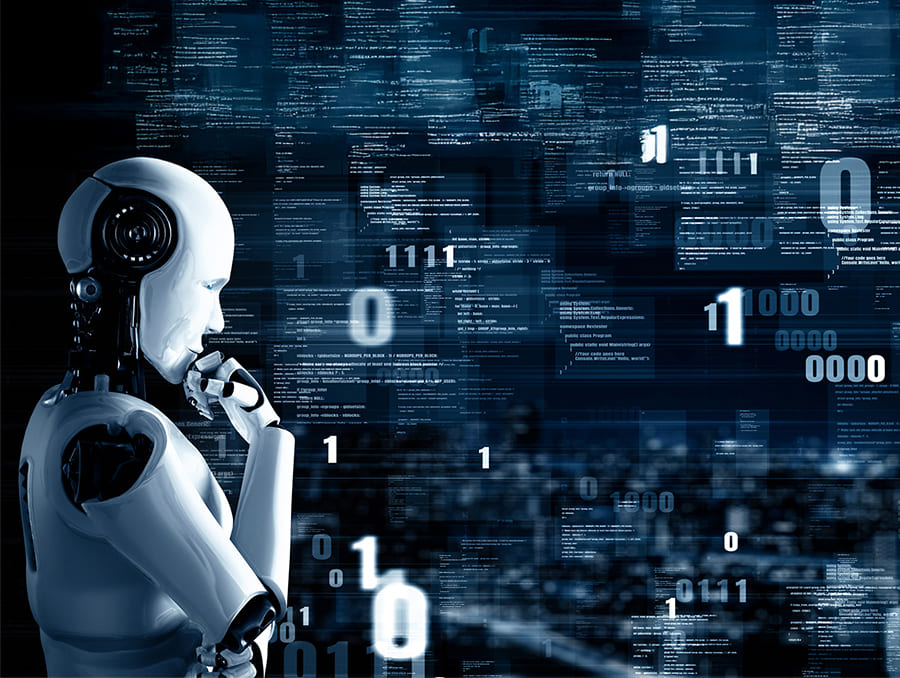 Photo illustration of a robot looking at a wall of code.