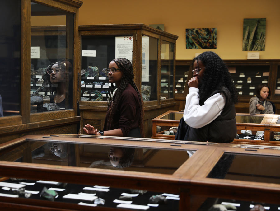 People walk through a museum with objects in wood and glass cases.