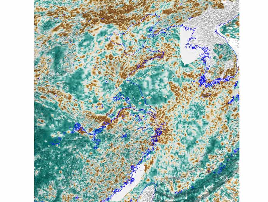 A patchy image with teal splotches interspersed with caramel-colored splotches and white, with bright blue lines.