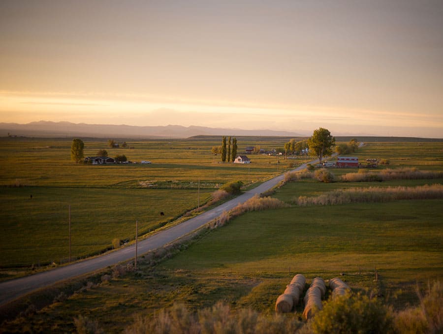 A small town in rural Nevada depicting a road with a few houses and farming land.