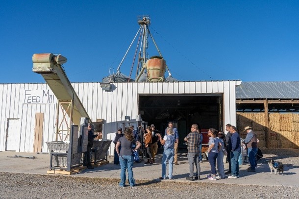 A group of people watching a crane lift building materials at a construction site.