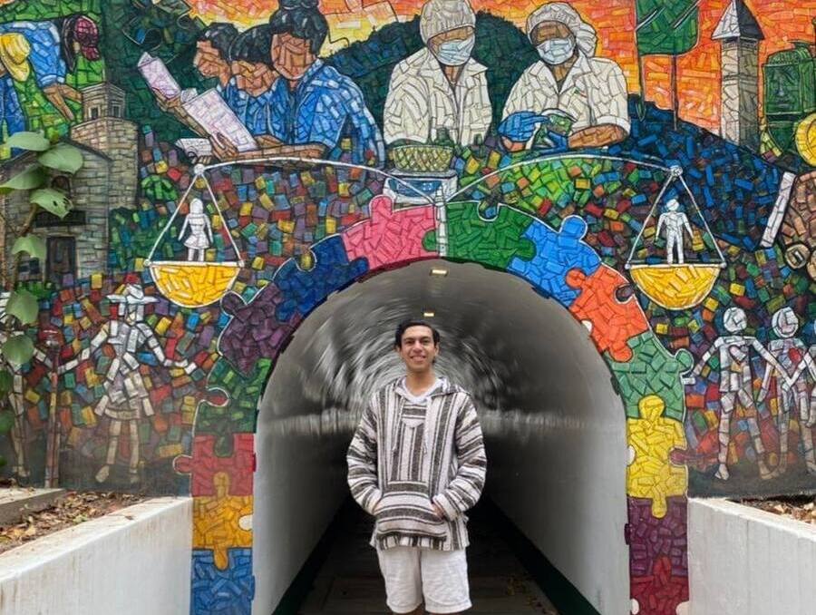 A man standing at the entrance of a tunnel covered in cultural wall art.