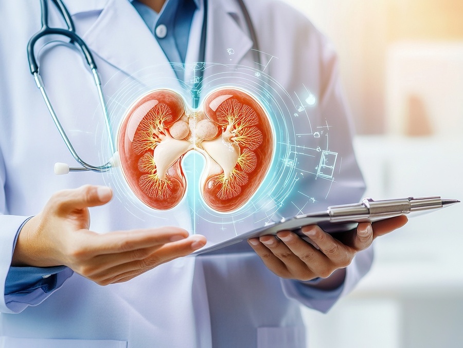 A man in a white coat with a stethoscope holds a tablet showing an image of kidneys floating above it.