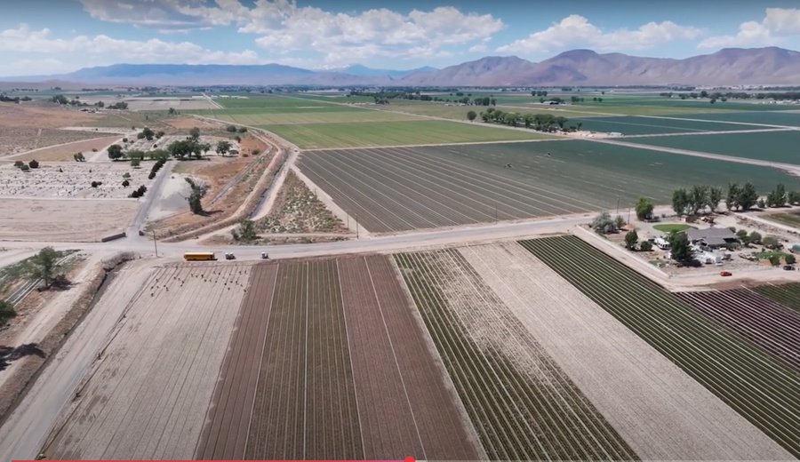 An aerial image of farm lands. 