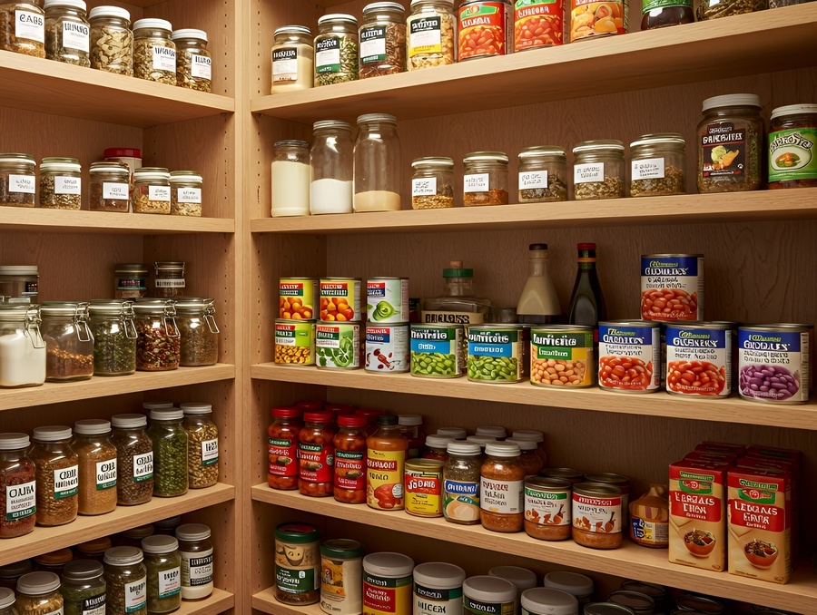 Pantry shelves filled with food cans and containers.