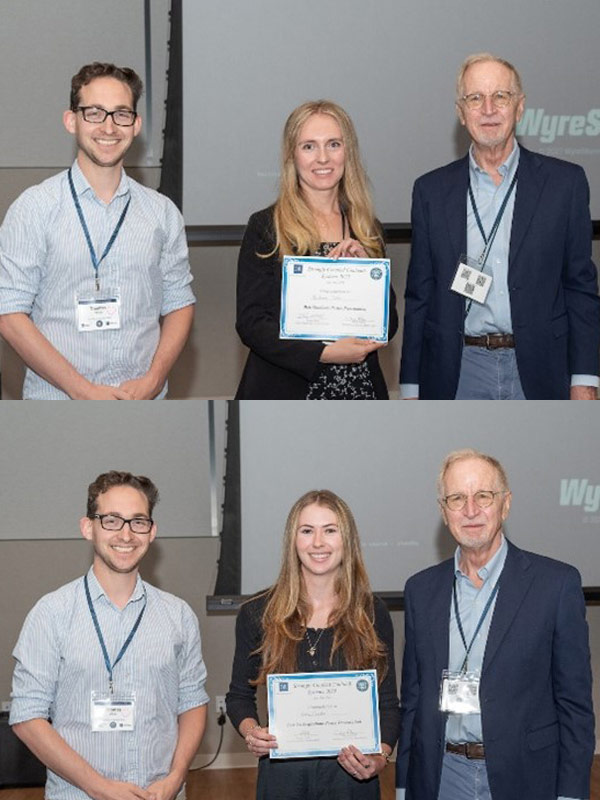 Two images, one stacked on top of the other, show Thomas White and David Neilson smiling next to Brittney Calin (top) and Carly Chandler (bottom) holding certificates and smiling.
