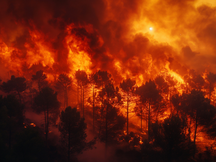 An aerial view of  red, yellow and black flames burning trees on a hill. 
