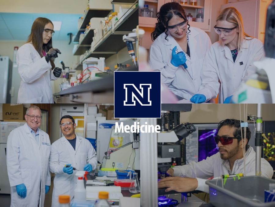 Photo collage of scientists working in laboratories with the UNR Med logo.