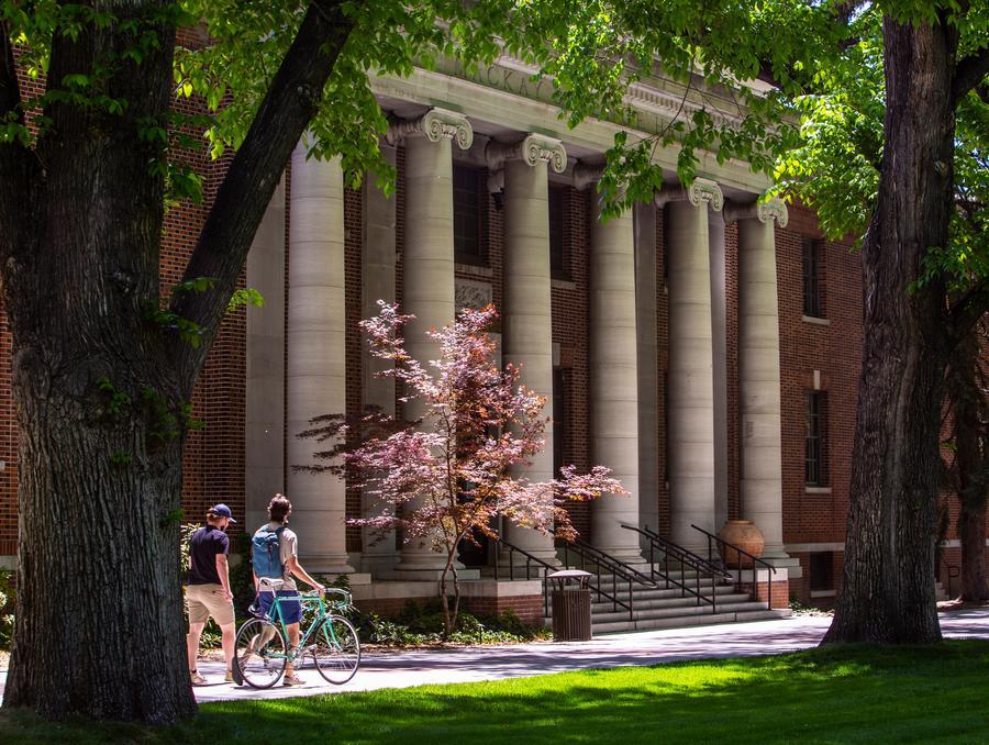 The University's quad with blooming trees and two students walking away from the camera, one is walking with a bicycle.