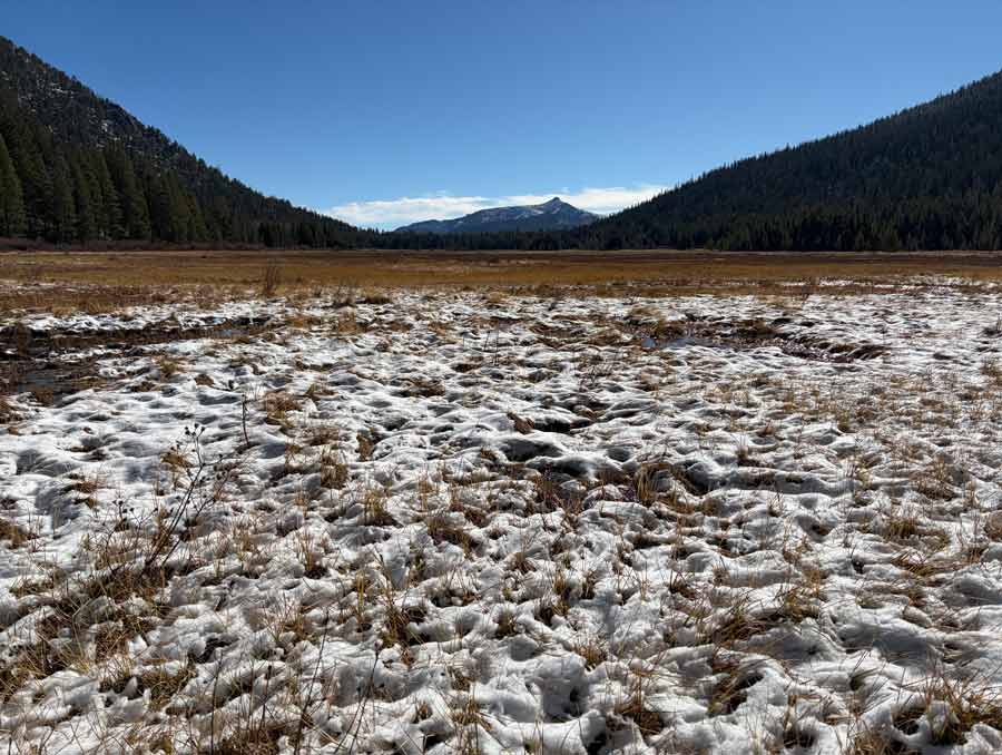 A view of a meadow-covered valley from the valley floor. There is snow in some parts of the meadow and mountains rising to the left and right.