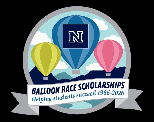 The Balloon Race Scholarship 2026 pin. It shows three hot air balloons with the Block N image and the words "Balloon Race Scholarships. Helping students succeed 1986-2026."