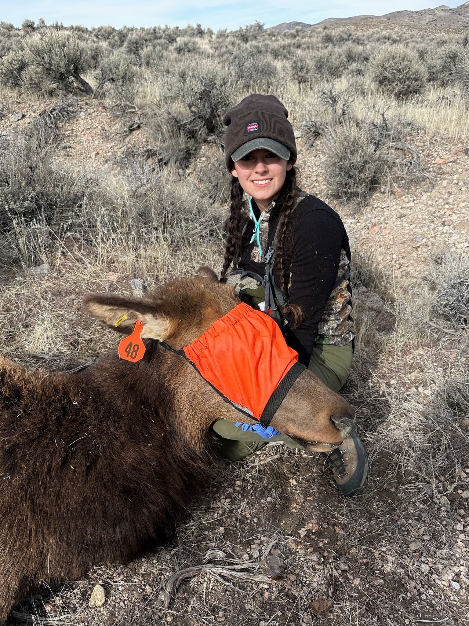 Ava posing with a blindfolded elk.