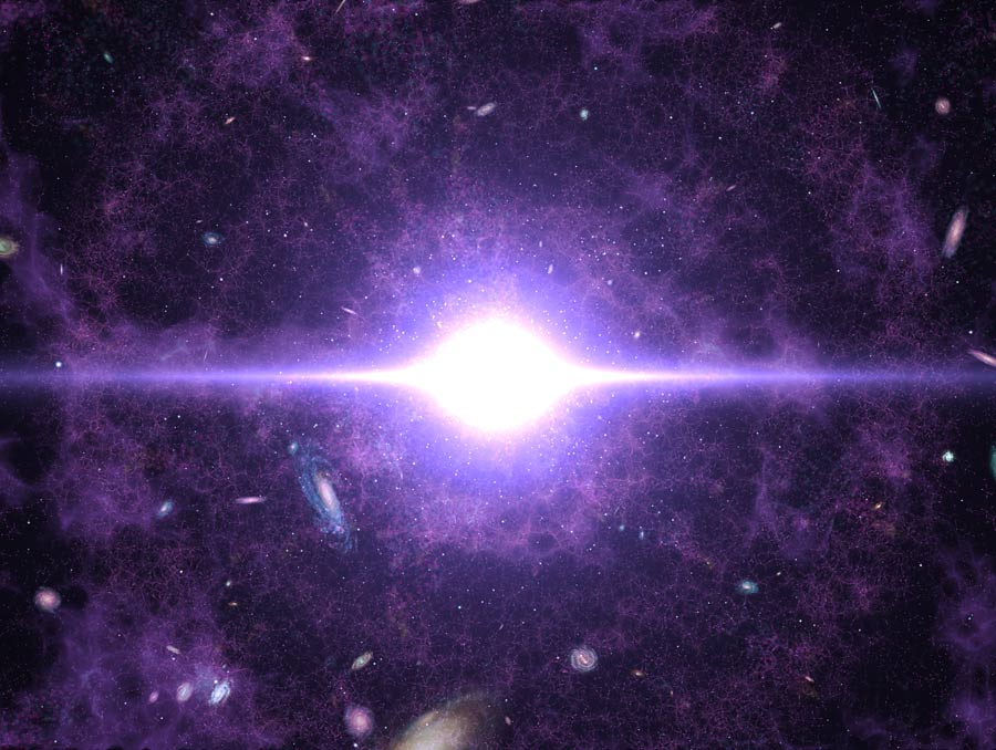 Illustration of space with galaxies floating around and a large bright spot in the middle with concentric purple circles that look like nets around it. The bright spot has two narrow, bright lines propagating to the left and right.