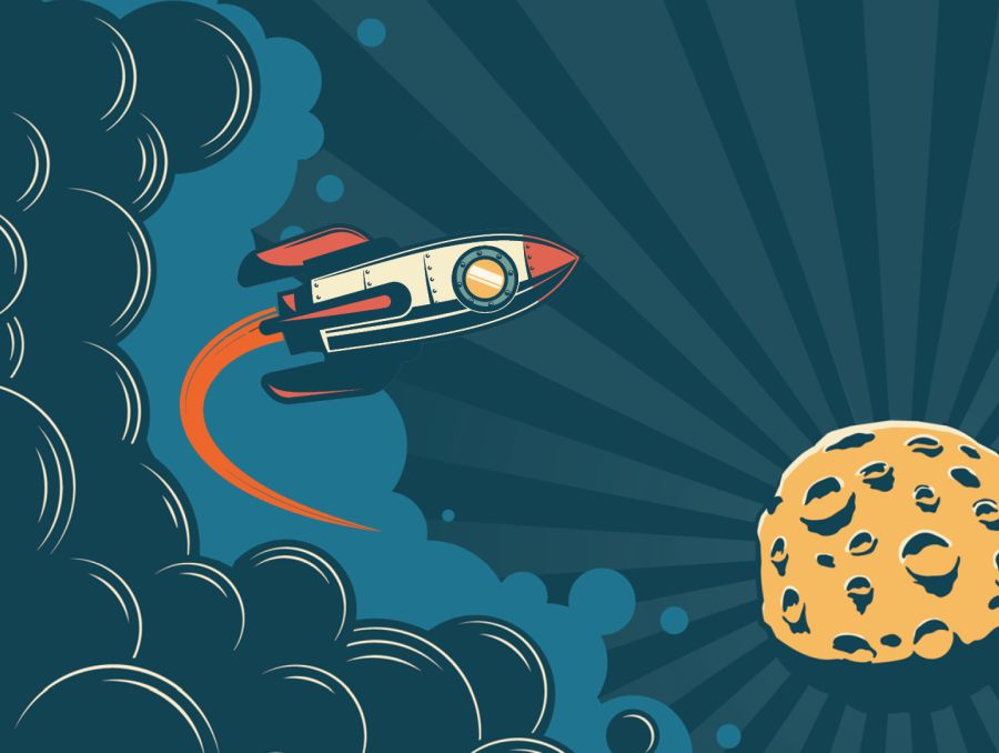 A stylized illustration of a rocket with red accents traveling through space, leaving an orange trail among dark clouds. The rocket is heading towards a yellow, cratered celestial body, reminiscent of the Moon. The background features radial lines, enhancing a sense of movement.
