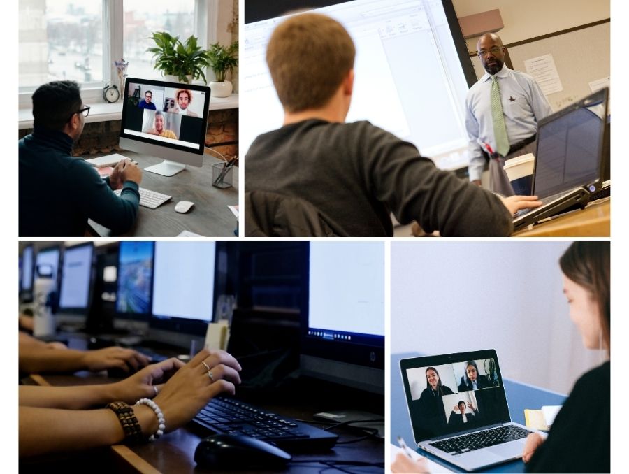 A picture collage of virtual sessions with students and professionals.