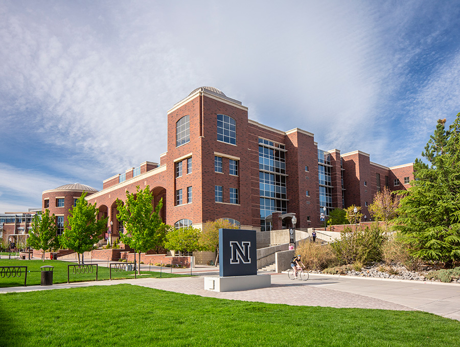 Exterior of the Knowledge Center featuring a block "N" statue.