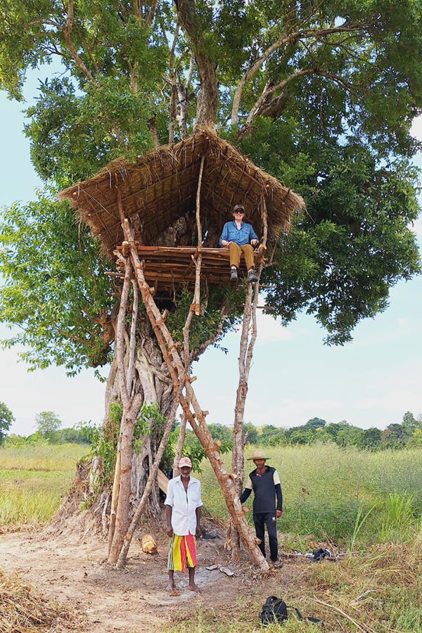 Avery Nicholas sits atop an elephant watch house in a crop field in Sri Lanka with two local workers below. 