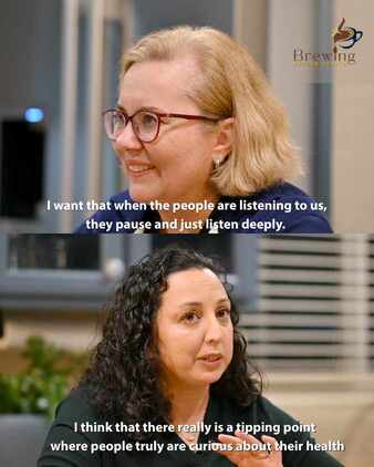 Dean Muge Akpinar-Elci and Seema Donahoe having a conversation with dialogue. "I want that when the people are listening to us, they pause and just listen deeply," says Akpinar-Elci. "I think that there really is a tipping point where people truly are curious about their health," says Donahoe.