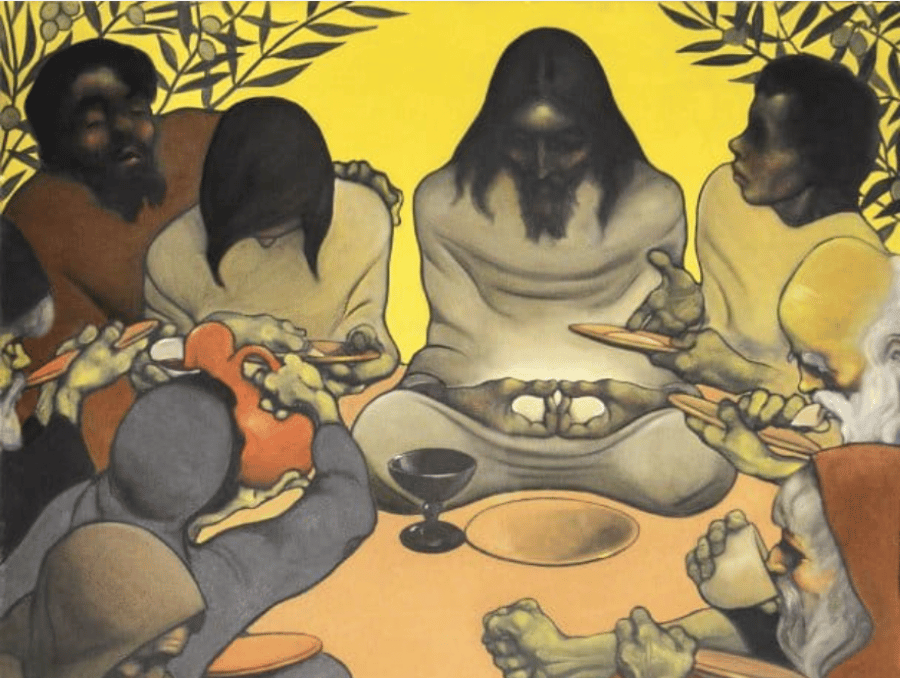 An art piece depicting people sitting in a circle with cups and plates.