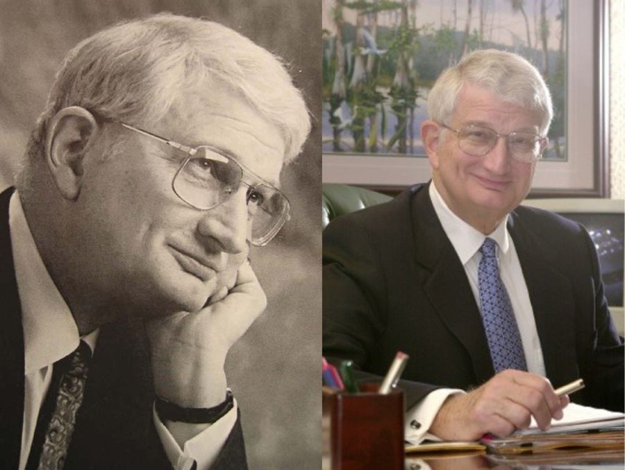Robert Daugherty, M.D., Ph.D., serving as the dean of the University of Nevada, Reno School of Medicine in two photos - one is an older image in black and white and the other is the dean at his desk, pen in hand..