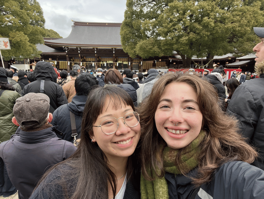 Student, Gabriella Poulsen smiling next to a friend during her time abroad in Japan.
