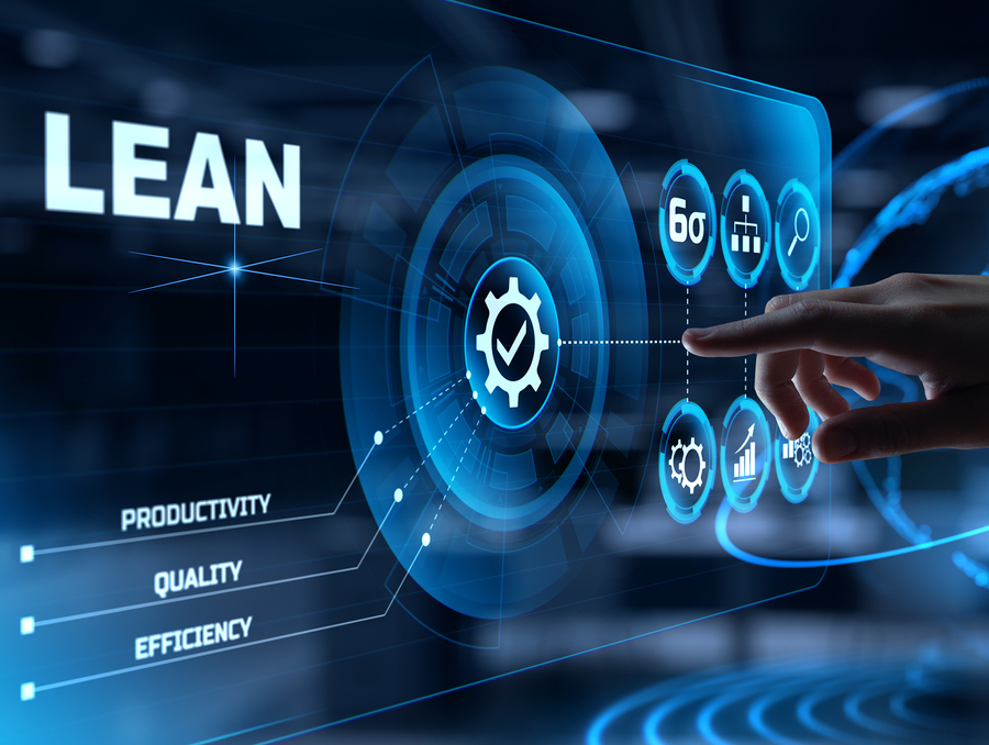 Digital illustration of a hand interacting with a futuristic dashboard labeled 'LEAN,' featuring process optimization icons and metrics for productivity, quality and efficiency.