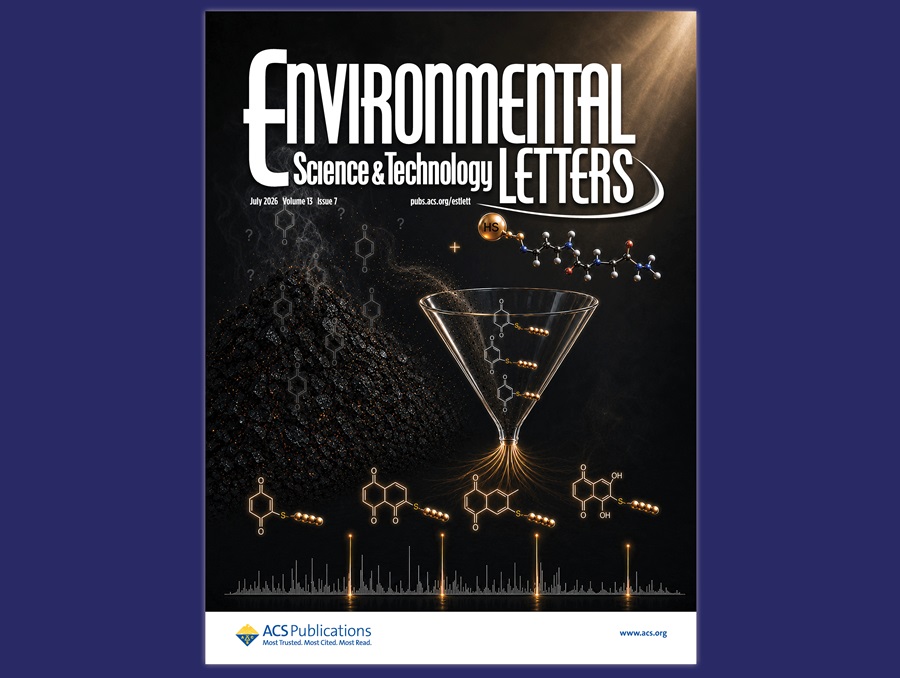 Illustration depicting molecules, a beaker and a waveform with the words "Environmental Science& Technology Letters" at the top.