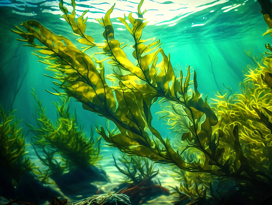 Growing seaweed plant floating in the direction of a ray of sunlight. 