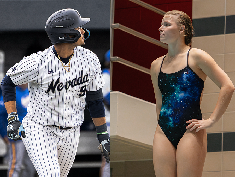 Man in baseball uniform on left and woman in bathing suit standing on a diving board on the right.