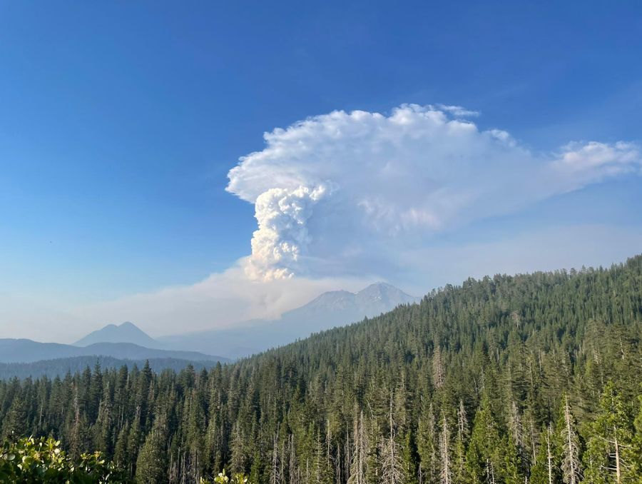 A giant wildfire plume over a mountain range in the Sierra Nevadas.