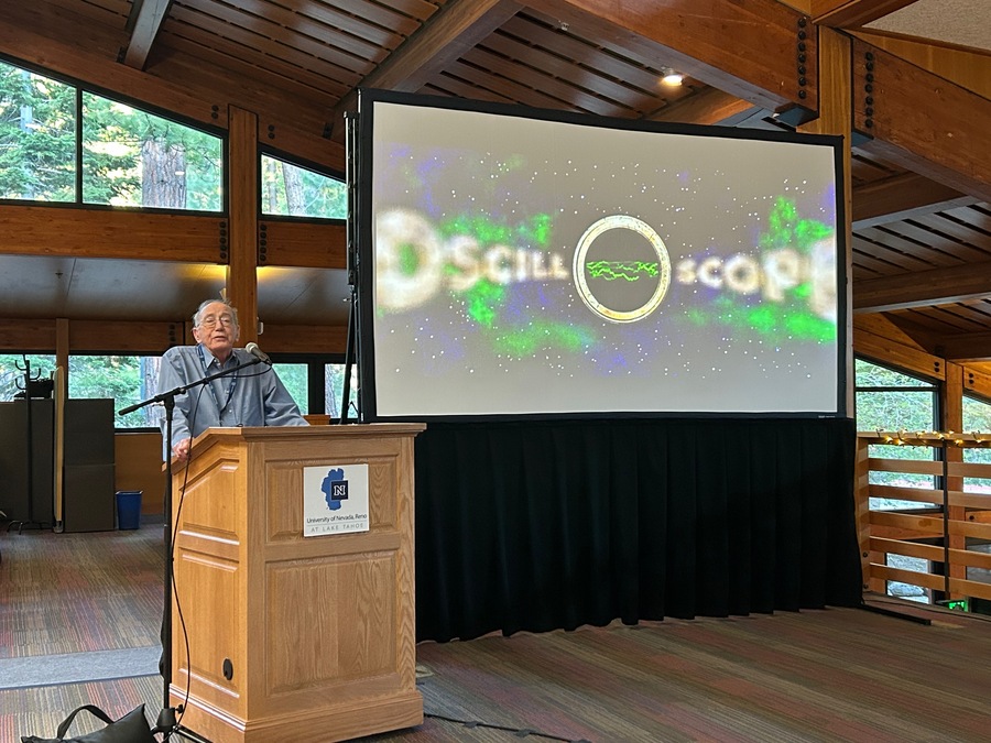 Lonnie Thompson speaking at conference on Lake Tahoe campus. 