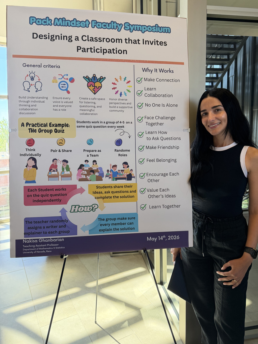 Professor presents her poster about Pack Mentality showcasing various ways that group learning is beneficial to student success.