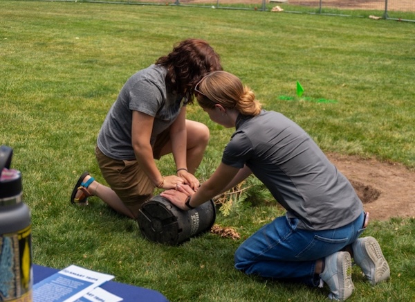 Two people rolling a baby tree in a planter on the ground, getting it ready to go into the earth.