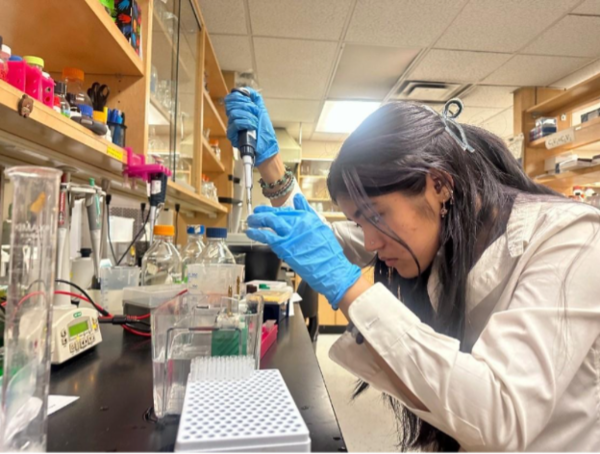 Yasmeen doing an experiment in a lab.