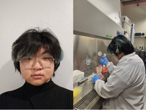 Zephyr's headshot on left and Zephyr doing an experiment in a lab on the right.