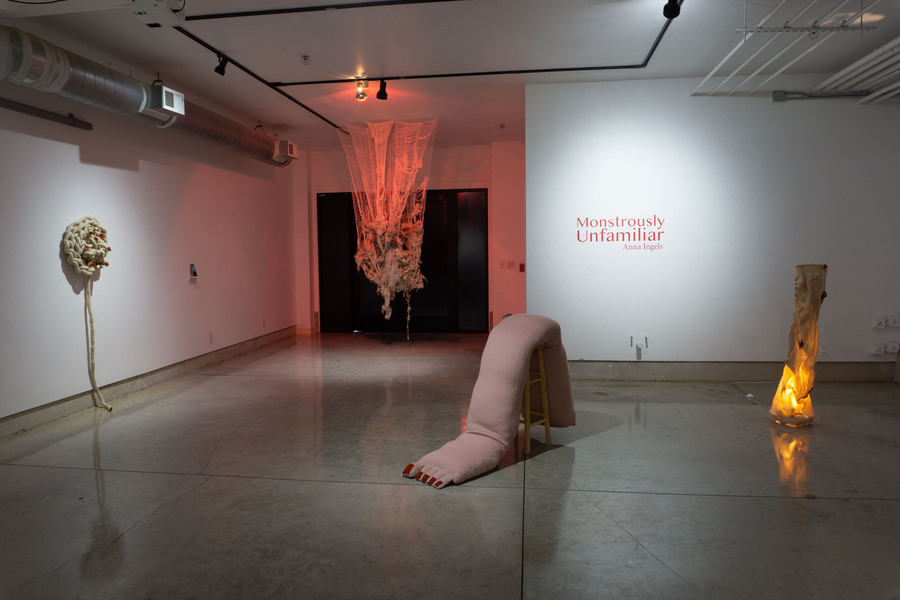 An art exhibition using crochet with various models including one of a human foot.