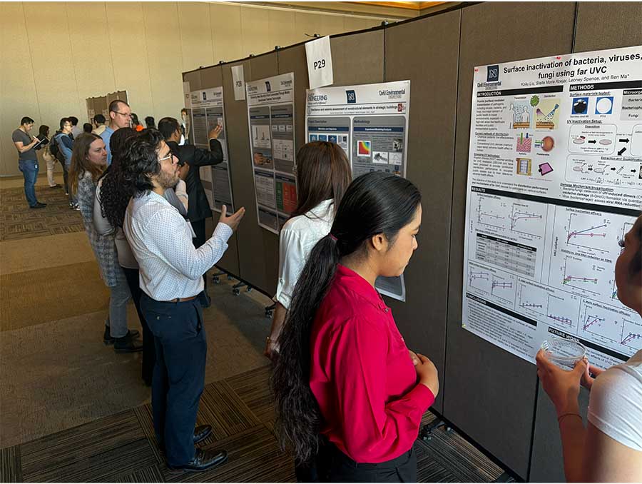 A group of about 15 people in a conference room look at four research posters pinned to a temporary divider wall.